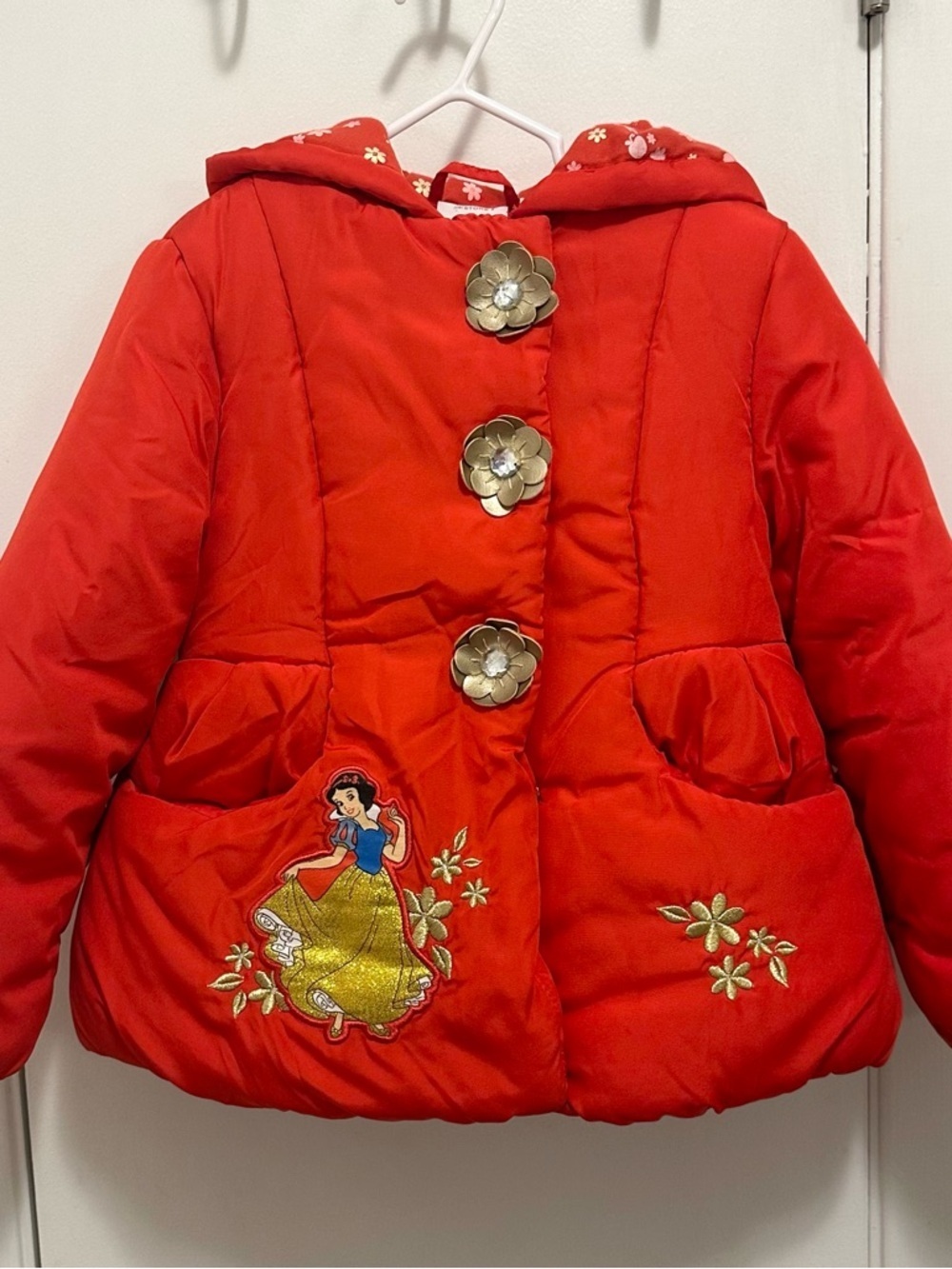 Disney Store Snow White Red Gold Puffer Jacket Coat Hooded Girls 4 Embroidered